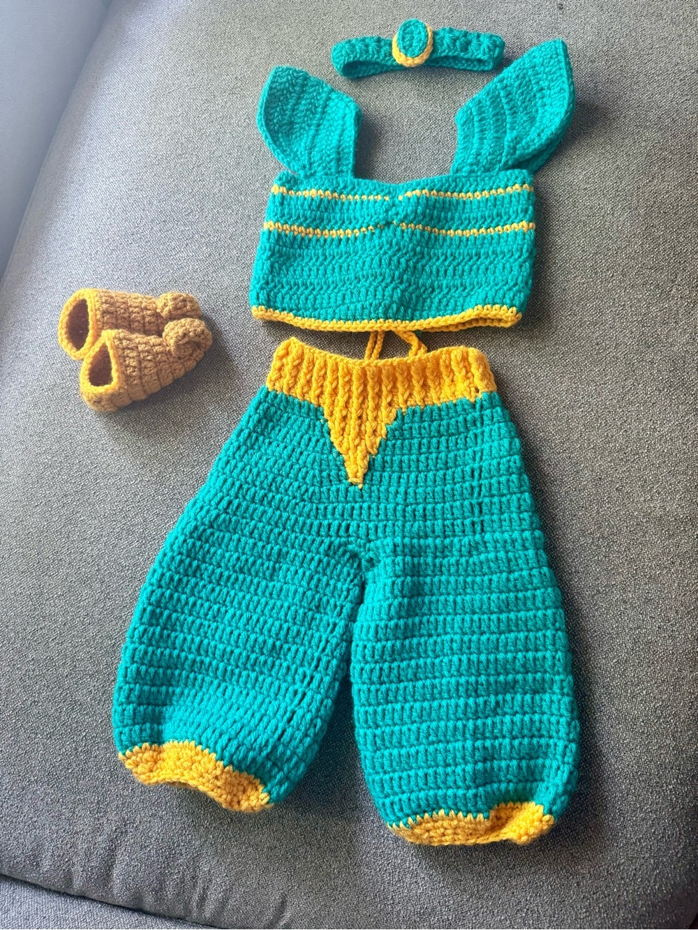 Handmade Teal and Yellow Crochet Baby Outfit - Jasmine inspired baby Accessories